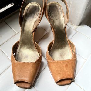 Prada tan leather peep toe wedge sling-back Sz 7.5